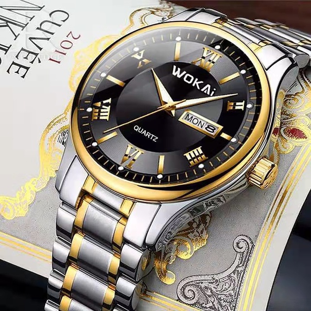 Męski zegarek kwarcowy wysokiej jakości WOKAI z podwójnym kalendarzem, stalowy pasek, wodoodporny, świecący (angielski i chiński) - Wianko - 23