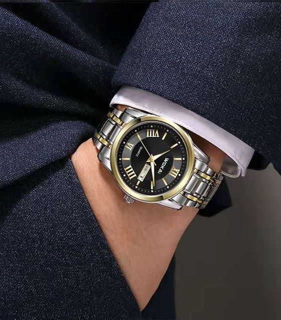 Męski zegarek kwarcowy wysokiej jakości WOKAI z podwójnym kalendarzem, stalowy pasek, wodoodporny, świecący (angielski i chiński) - Wianko - 2
