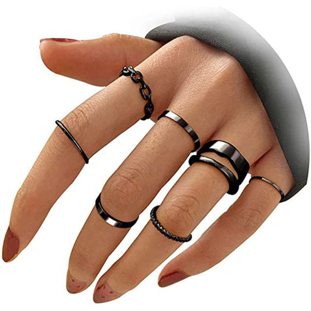 Czarny pierścionek na środkowy palec w stylu Vintage BOHO z łańcuchem - zestaw pierścieni dla kobiet, rozmiar mieszany - Wianko - 1