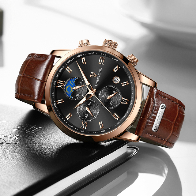 Luksusowy sportowy zegarek męski LIGE z chronografem i skórzanym paskiem - Wianko - 15