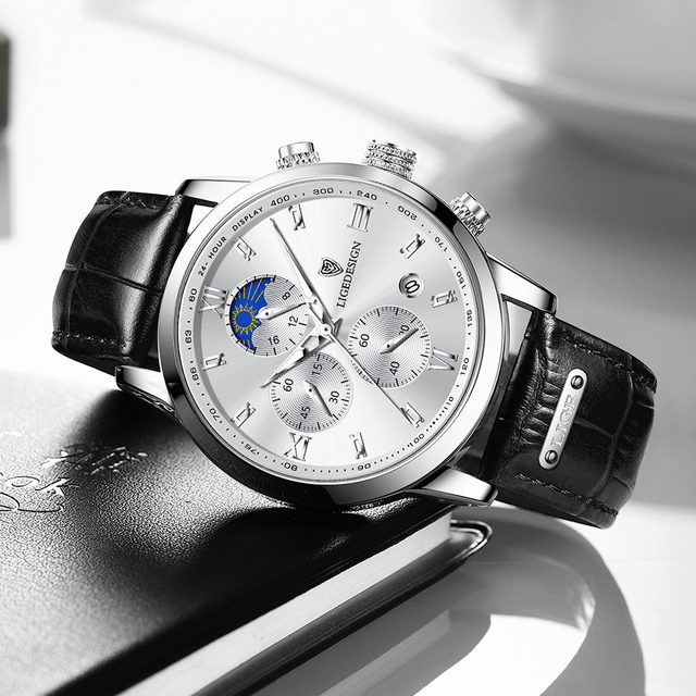 Luksusowy sportowy zegarek męski LIGE z chronografem i skórzanym paskiem - Wianko - 21
