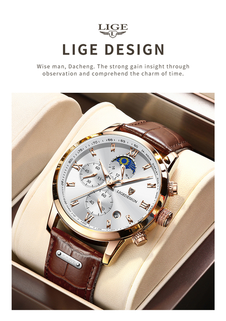 Luksusowy sportowy zegarek męski LIGE z chronografem i skórzanym paskiem - Wianko - 3