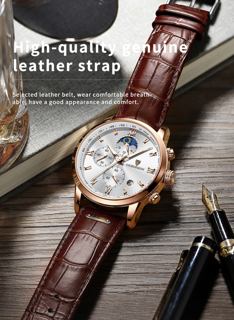 Luksusowy sportowy zegarek męski LIGE z chronografem i skórzanym paskiem - Wianko - 10