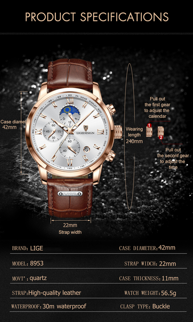Luksusowy sportowy zegarek męski LIGE z chronografem i skórzanym paskiem - Wianko - 5