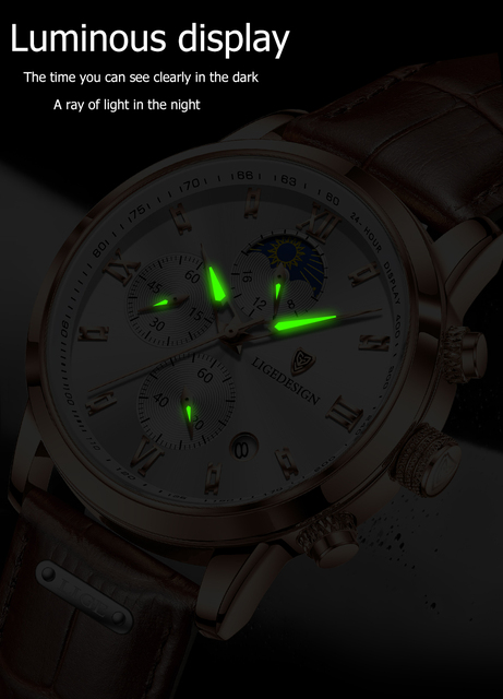 Luksusowy sportowy zegarek męski LIGE z chronografem i skórzanym paskiem - Wianko - 6