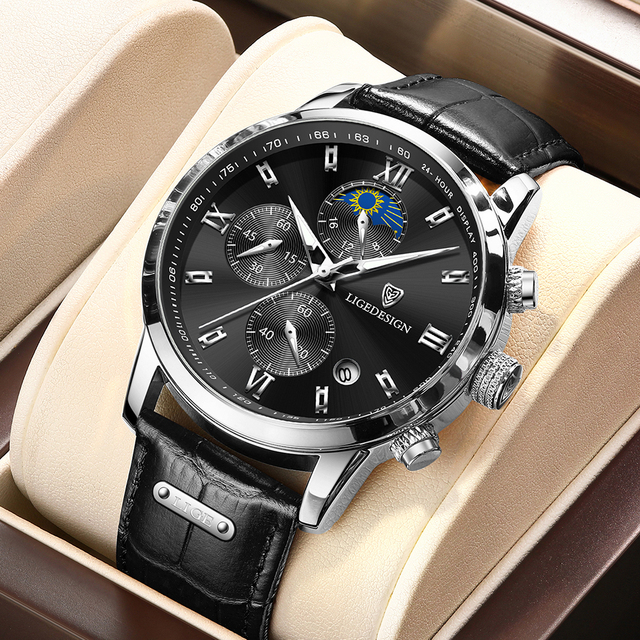 Luksusowy sportowy zegarek męski LIGE z chronografem i skórzanym paskiem - Wianko - 17