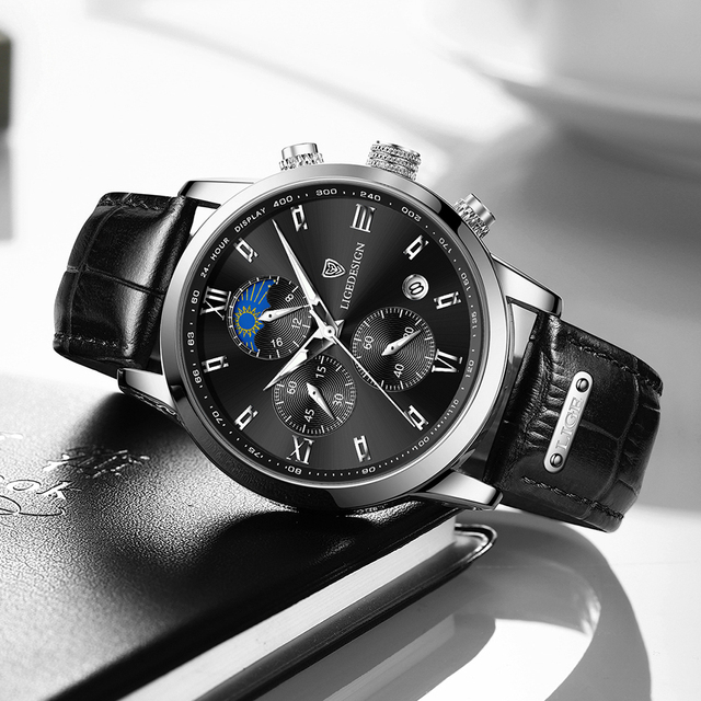 Luksusowy sportowy zegarek męski LIGE z chronografem i skórzanym paskiem - Wianko - 18