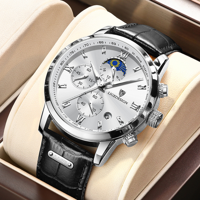 Luksusowy sportowy zegarek męski LIGE z chronografem i skórzanym paskiem - Wianko - 20