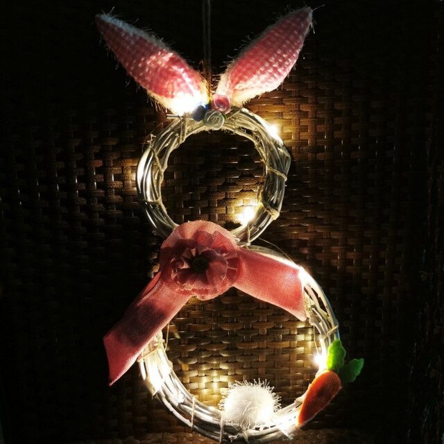 Wieniec wielkanocny z lampkami LED i ozdobą świąteczną, wzór zająca, uszy królika, rattanowa ozdoba ściany - Wianko - 7