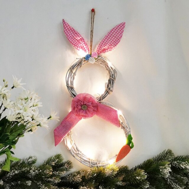 Wieniec wielkanocny z lampkami LED i ozdobą świąteczną, wzór zająca, uszy królika, rattanowa ozdoba ściany - Wianko - 6