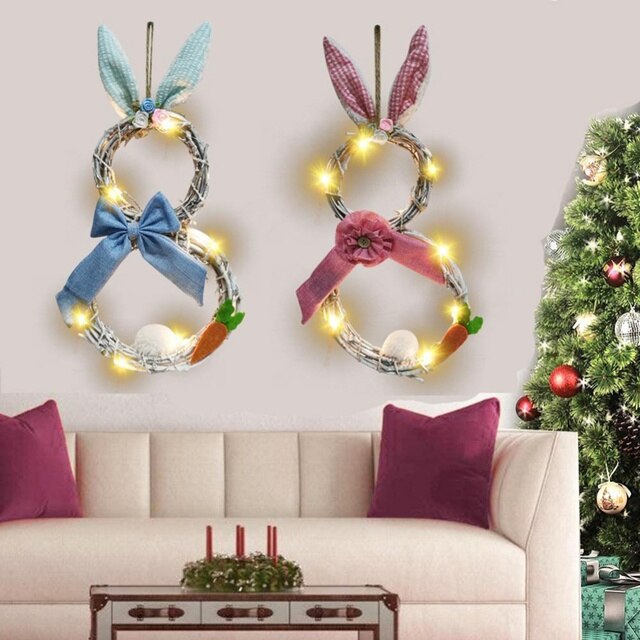 Wieniec wielkanocny z lampkami LED i ozdobą świąteczną, wzór zająca, uszy królika, rattanowa ozdoba ściany - Wianko - 4