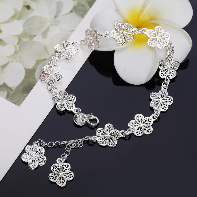 Bransoletka z łańcuchem kwiatowym, wykonana z 925 srebra - moda, elegancja i luksus dla kobiet na ślub i przyjęcie - Wianko - 1