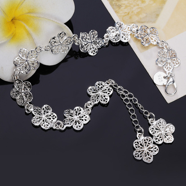 Bransoletka z łańcuchem kwiatowym, wykonana z 925 srebra - moda, elegancja i luksus dla kobiet na ślub i przyjęcie - Wianko - 4