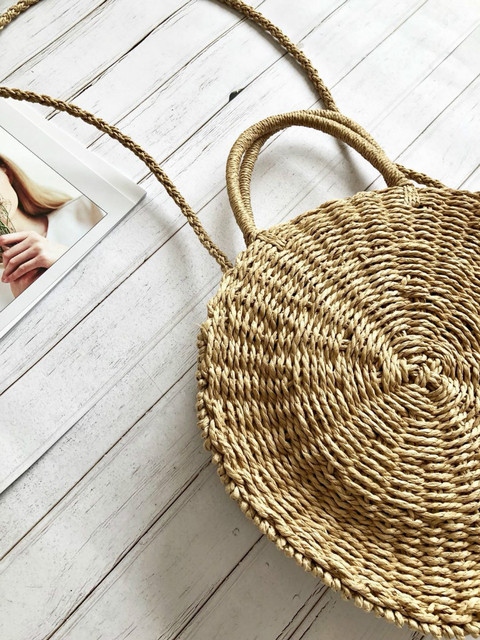 Nowa damskie rattanowa torba plażowa na ramię - okrągła i ręcznie robiona z bali, letnia torebka słomiana TKANA - Wianko - 10