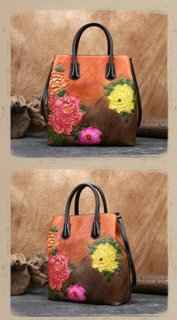 Ręcznie wytłaczana skórzana torebka damska Motoora Retro, kwiatowy wzór, vintage kubełkowy model na ramię - nowość 2021 - Wianko - 11