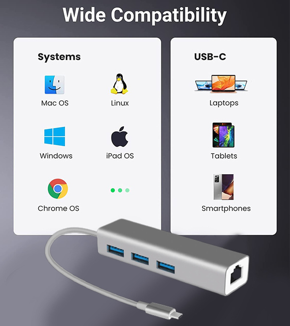 Hub USB C Ethernet 4-in-1 - przystawka Gigabit Ethernet 10/100/1000Mbps z portem USB 3.0 do Macbook Pro i Windows - Wianko - 15