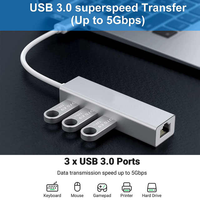 Hub USB C Ethernet 4-in-1 - przystawka Gigabit Ethernet 10/100/1000Mbps z portem USB 3.0 do Macbook Pro i Windows - Wianko - 3