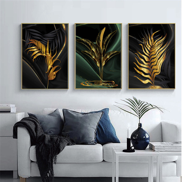 Nowoczesny obraz plakat na płótnie z motywem złotego i zielonego liścia - idealna dekoracja do salonu - Wianko - 9