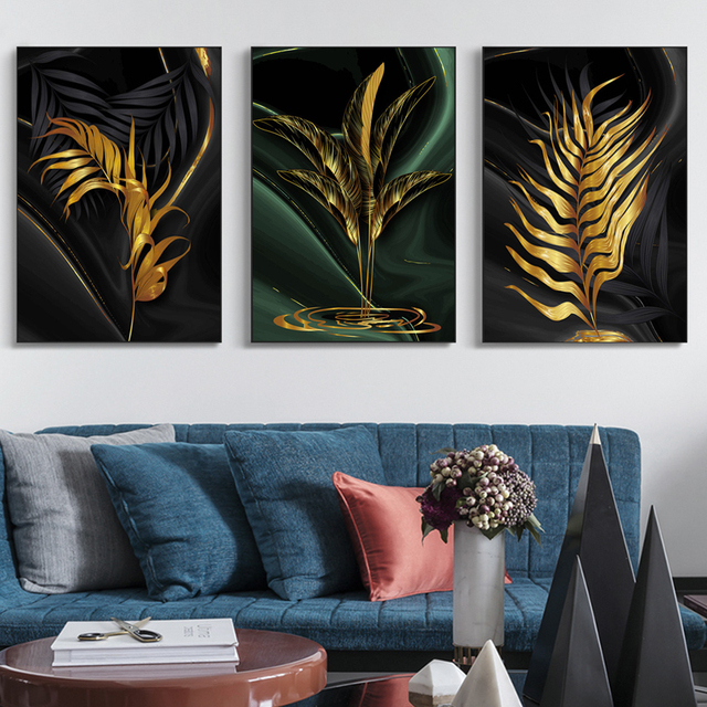 Nowoczesny obraz plakat na płótnie z motywem złotego i zielonego liścia - idealna dekoracja do salonu - Wianko - 5