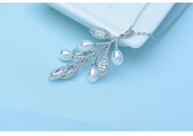 Wisiorek Link Chain z imitacją perły Leaft - biżuteria luksusowa, biały złoty kolor z cyrkoniami - dla kobiet i dziewczyn - Wianko - 7