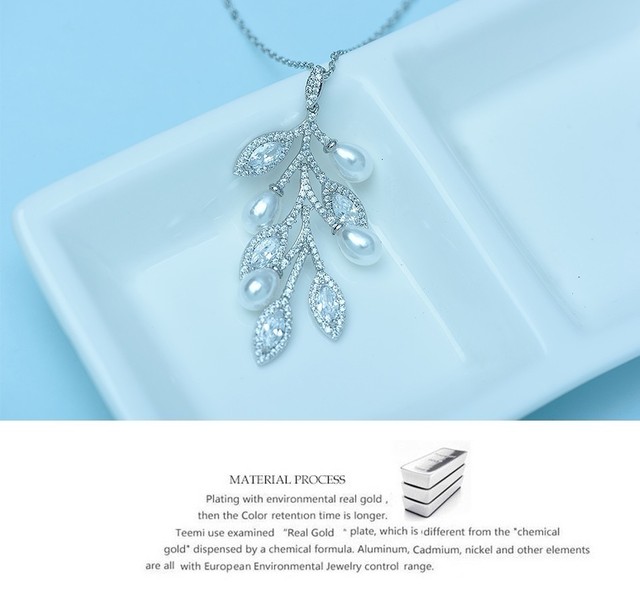 Wisiorek Link Chain z imitacją perły Leaft - biżuteria luksusowa, biały złoty kolor z cyrkoniami - dla kobiet i dziewczyn - Wianko - 6