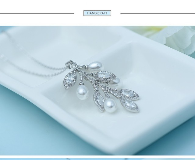 Wisiorek Link Chain z imitacją perły Leaft - biżuteria luksusowa, biały złoty kolor z cyrkoniami - dla kobiet i dziewczyn - Wianko - 5