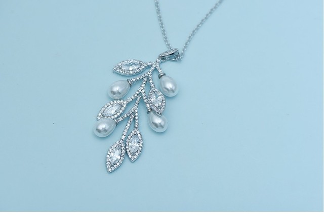 Wisiorek Link Chain z imitacją perły Leaft - biżuteria luksusowa, biały złoty kolor z cyrkoniami - dla kobiet i dziewczyn - Wianko - 4