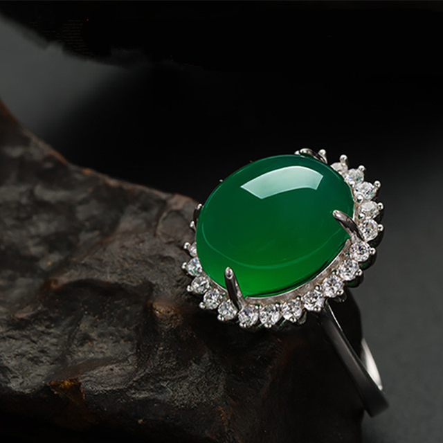 Owalny pierścień z naturalnym szmaragdem i zielonym Hetian Jade z srebra 925 dla kobiet - Wianko - 3