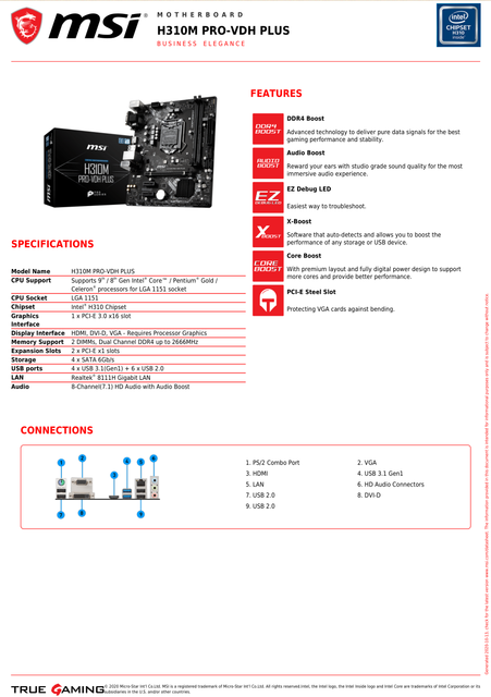MSI H310M PRO VDH PLUS - płyta główna micro-ATX z obsługą Intel H310 DDR4, SATA 6 Gb/s, USB 3.1, wsparcie dla procesorów 8th i 9th gen, nowa, 32GB dual channel - Wianko - 43