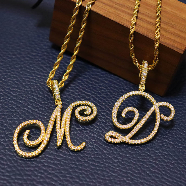Nowoczesny złoty naszyjnik z srebrną zawieszką w kształcie litery A-Z w stylu kursywy D & Z z cyrkoniami - biżuteria hip-hopowa - Wianko - 30