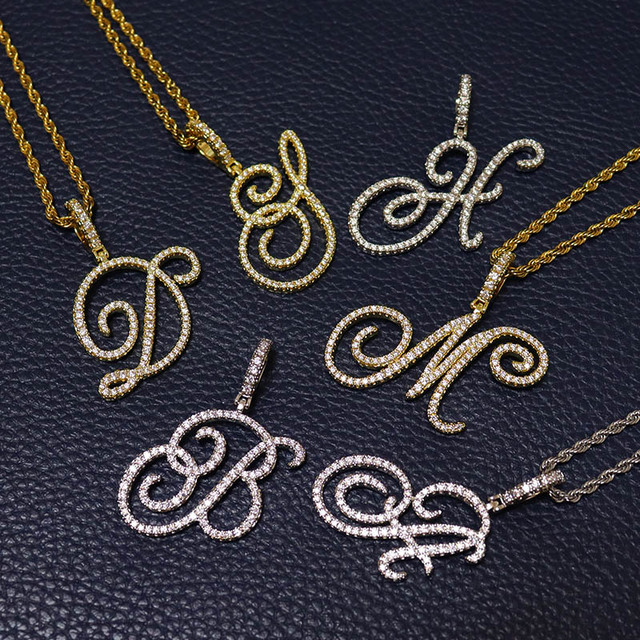 Nowoczesny złoty naszyjnik z srebrną zawieszką w kształcie litery A-Z w stylu kursywy D & Z z cyrkoniami - biżuteria hip-hopowa - Wianko - 28