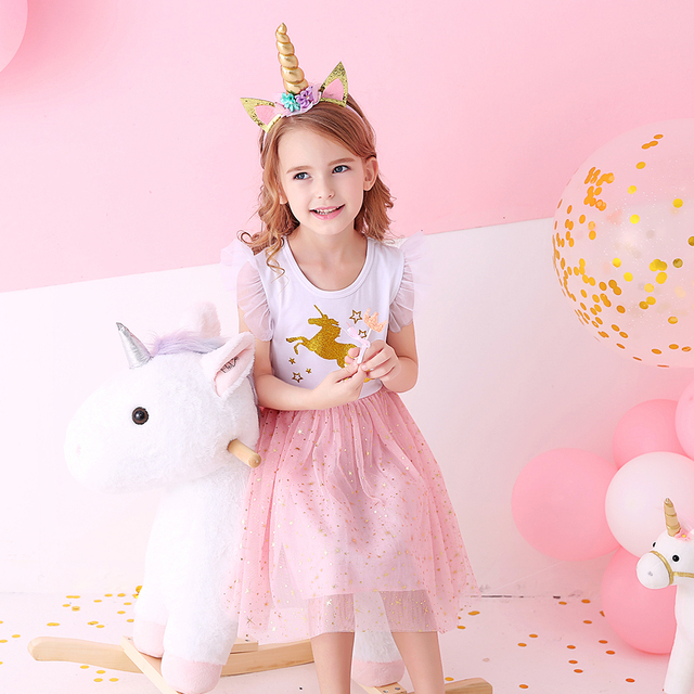 Letnia sukienka DXTON dla dziewczynek - jednorożec, księżniczka, dziewczęca, rękaw latający, bawełniana tiulowa sukienka - stroje imprezowe dla dzieci - Wianko - 6