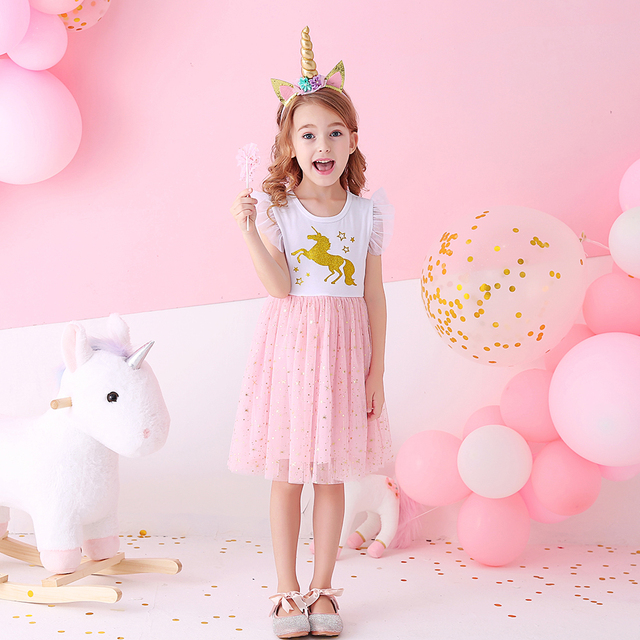Letnia sukienka DXTON dla dziewczynek - jednorożec, księżniczka, dziewczęca, rękaw latający, bawełniana tiulowa sukienka - stroje imprezowe dla dzieci - Wianko - 5