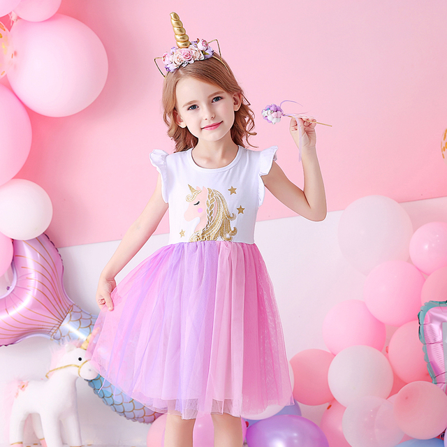 Letnia sukienka DXTON dla dziewczynek - jednorożec, księżniczka, dziewczęca, rękaw latający, bawełniana tiulowa sukienka - stroje imprezowe dla dzieci - Wianko - 2