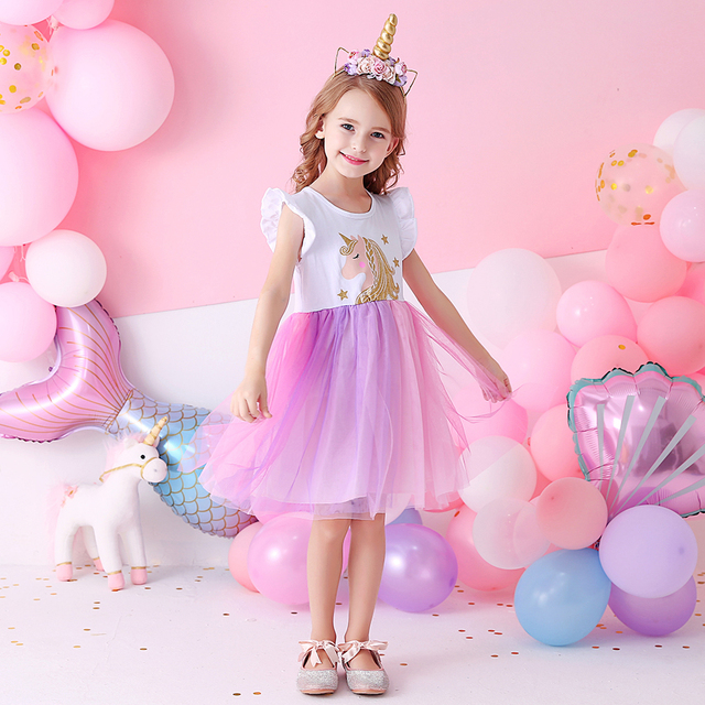 Letnia sukienka DXTON dla dziewczynek - jednorożec, księżniczka, dziewczęca, rękaw latający, bawełniana tiulowa sukienka - stroje imprezowe dla dzieci - Wianko - 3