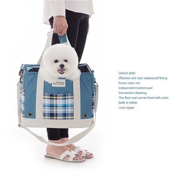 Nosidełko Plaid Denim na ramię dla małych psów i kotów z podróżnymi i miejscem na zakupy - torba Tote Bag - średni mopsy - Wianko - 14