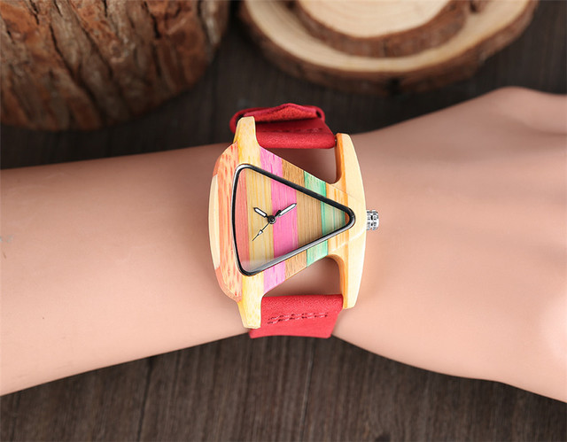 Trójkątny, unikatowy zegarek damski z drewna, kolorystyka: zielony/czerwony, pasek z prawdziwej skóry, elegancki i kreatywny, najlepszy prezent - Wianko - 12