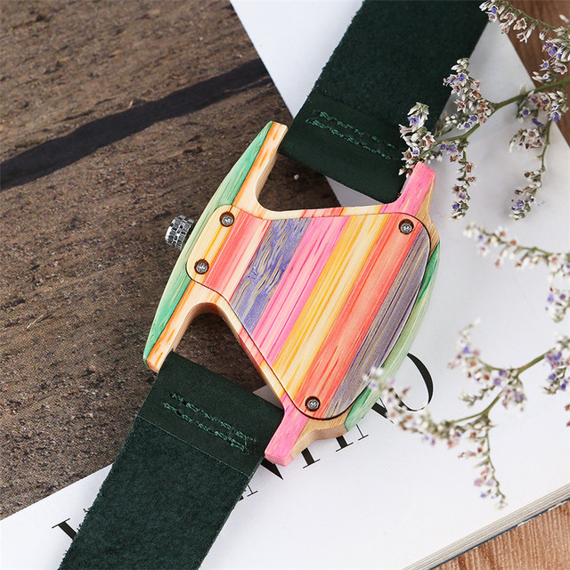 Trójkątny, unikatowy zegarek damski z drewna, kolorystyka: zielony/czerwony, pasek z prawdziwej skóry, elegancki i kreatywny, najlepszy prezent - Wianko - 6