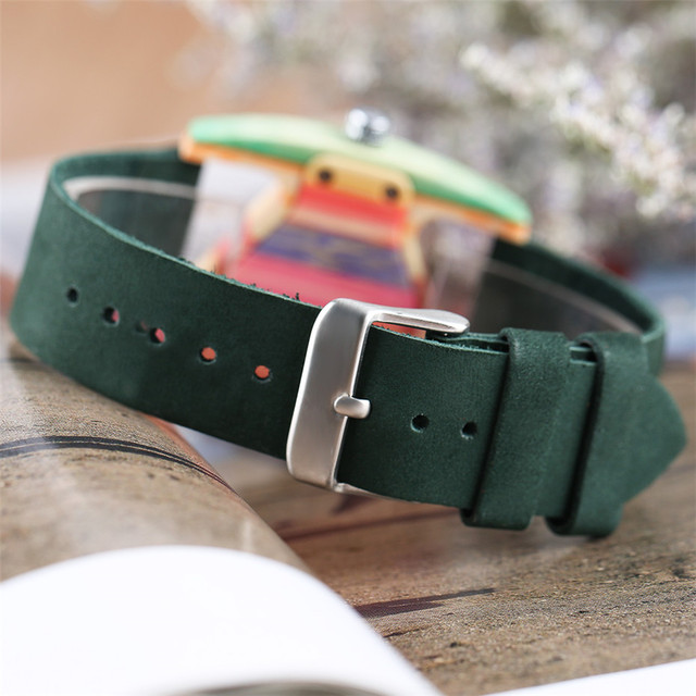Trójkątny, unikatowy zegarek damski z drewna, kolorystyka: zielony/czerwony, pasek z prawdziwej skóry, elegancki i kreatywny, najlepszy prezent - Wianko - 7