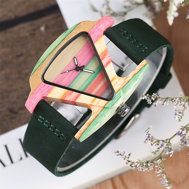 Trójkątny, unikatowy zegarek damski z drewna, kolorystyka: zielony/czerwony, pasek z prawdziwej skóry, elegancki i kreatywny, najlepszy prezent - Wianko - 4
