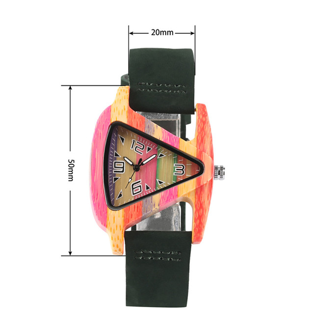 Trójkątny, unikatowy zegarek damski z drewna, kolorystyka: zielony/czerwony, pasek z prawdziwej skóry, elegancki i kreatywny, najlepszy prezent - Wianko - 2