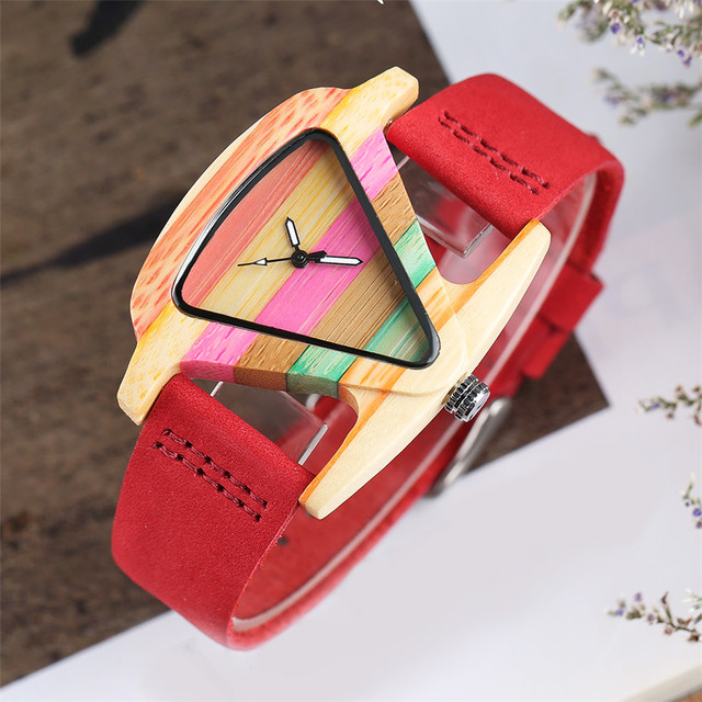 Trójkątny, unikatowy zegarek damski z drewna, kolorystyka: zielony/czerwony, pasek z prawdziwej skóry, elegancki i kreatywny, najlepszy prezent - Wianko - 10