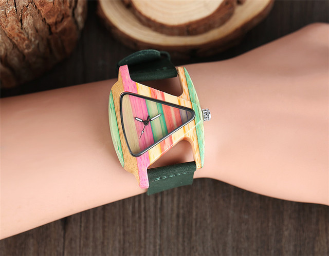 Trójkątny, unikatowy zegarek damski z drewna, kolorystyka: zielony/czerwony, pasek z prawdziwej skóry, elegancki i kreatywny, najlepszy prezent - Wianko - 9