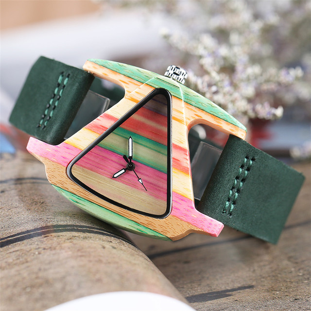 Trójkątny, unikatowy zegarek damski z drewna, kolorystyka: zielony/czerwony, pasek z prawdziwej skóry, elegancki i kreatywny, najlepszy prezent - Wianko - 5