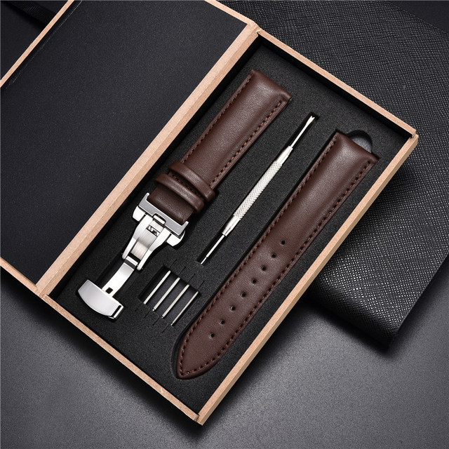 Miękkie, klasyczne skórzane paski do zegarków z automatycznym zapięciem w drewnianym pudełku - szerokości 18mm, 20mm, 22mm, 24mm - Wianko - 3