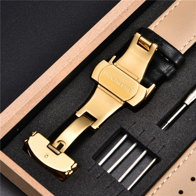 Miękkie, klasyczne skórzane paski do zegarków z automatycznym zapięciem w drewnianym pudełku - szerokości 18mm, 20mm, 22mm, 24mm - Wianko - 10