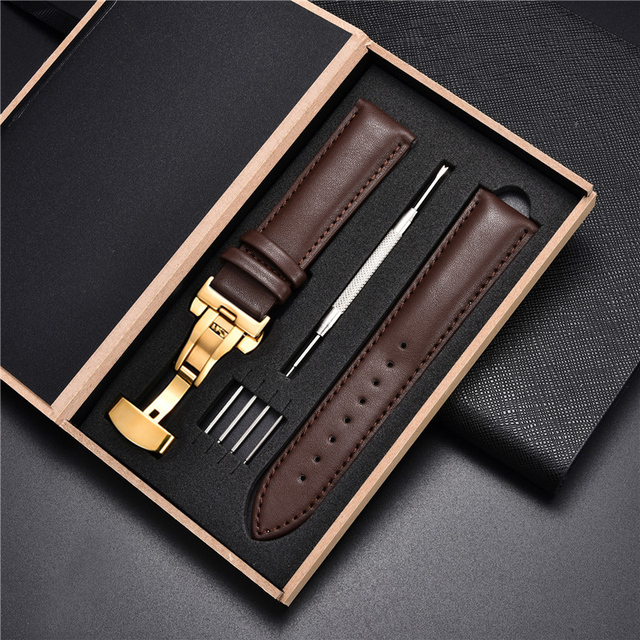 Miękkie, klasyczne skórzane paski do zegarków z automatycznym zapięciem w drewnianym pudełku - szerokości 18mm, 20mm, 22mm, 24mm - Wianko - 5