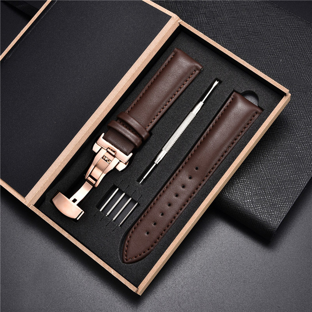 Miękkie, klasyczne skórzane paski do zegarków z automatycznym zapięciem w drewnianym pudełku - szerokości 18mm, 20mm, 22mm, 24mm - Wianko - 4