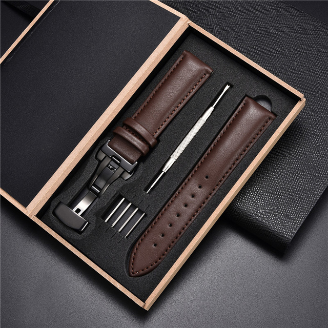 Miękkie, klasyczne skórzane paski do zegarków z automatycznym zapięciem w drewnianym pudełku - szerokości 18mm, 20mm, 22mm, 24mm - Wianko - 6
