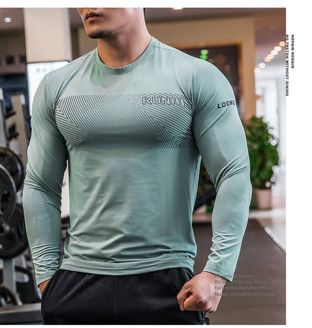 Męska elastyczna koszulka do biegania Gym Shirt z długim rękawem, oddychająca i dopasowana, wykonana z elastanu - Wianko - 3